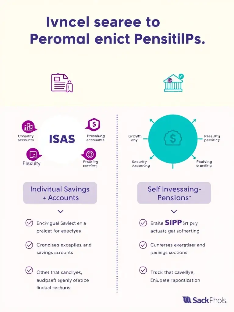 An infographic explaining the differences between ISAs and SIPPs, highlighting their benefits and features, with clear and concise visuals.