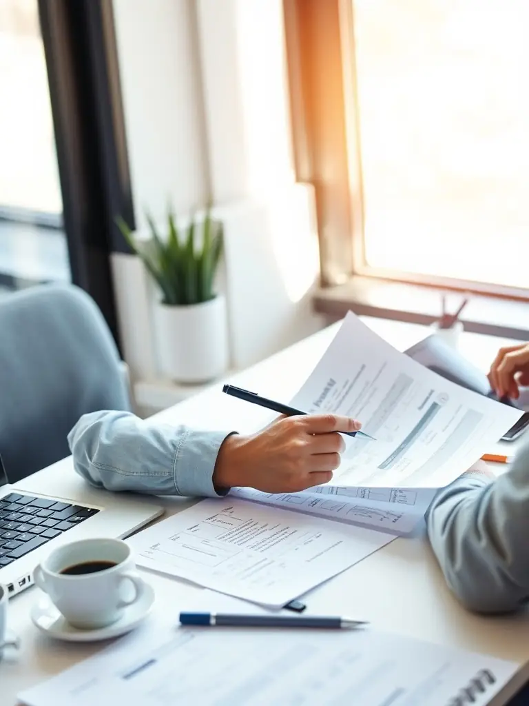 A person reviewing their monthly budget on a laptop, highlighting income and expenses, in a well-lit, modern home office setting. The scene should convey a sense of control and financial awareness.