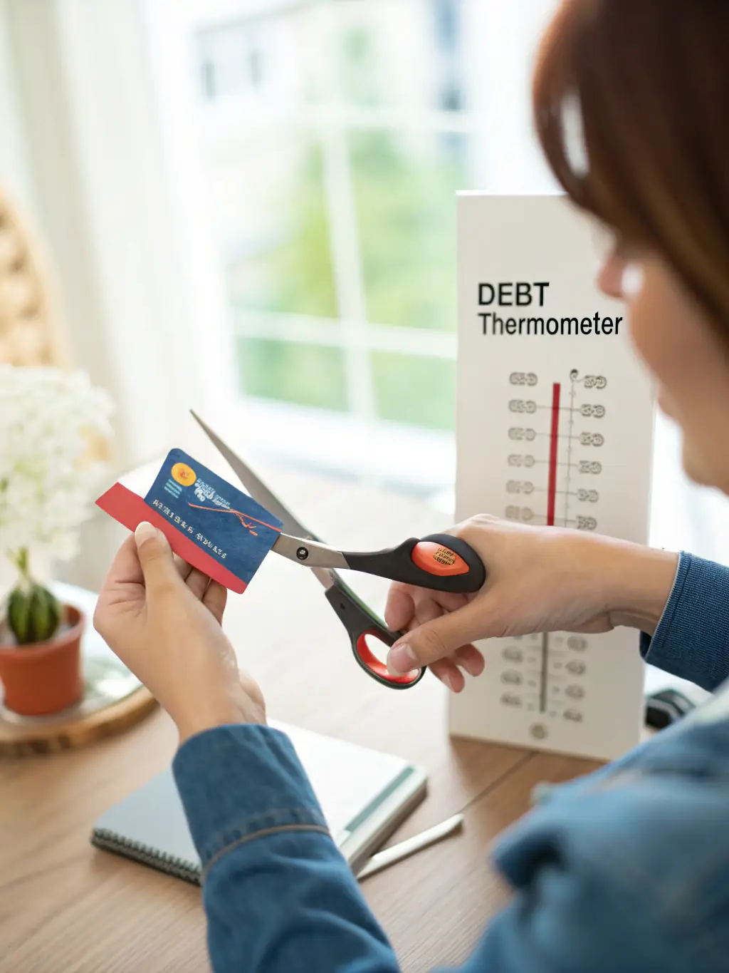 A person shredding credit cards, symbolizing debt reduction, with a determined expression. The background is a clean, minimalist office space.