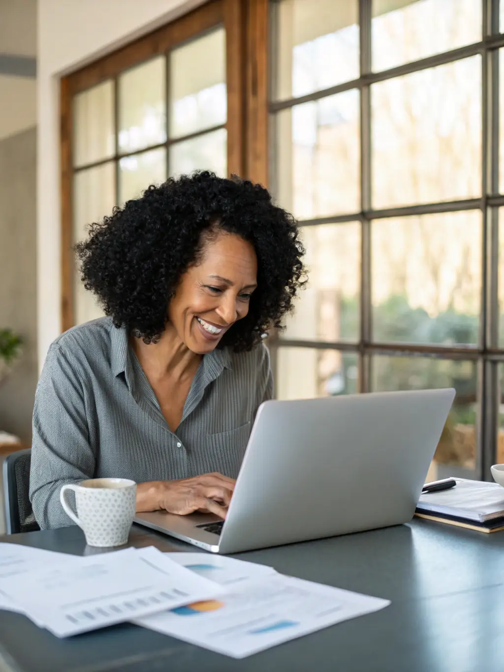 A person confidently planning for retirement, using a tablet to review investment options, with a serene and optimistic expression. The setting is a comfortable living room.